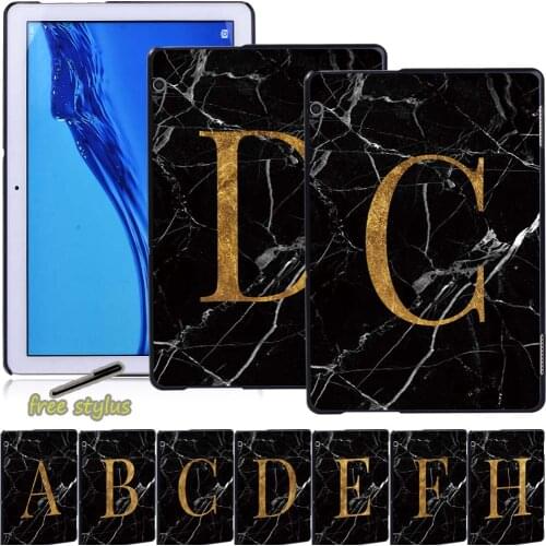 Tablet Hard Shell Case for Huawei MediaPad T5 10 10.1/M5 Lite 8/T3 10 9.6/T3 8.0-Anti-fall Marble Letter Back Case + Free Stylus