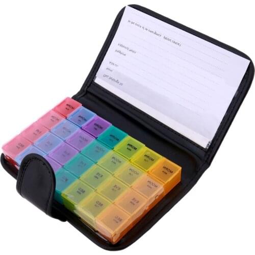 Portable 28 Grids Pills Box Holder Tablet Pill Case Medicine Storage Organizer Healthy Care Tool Rainbow Color with PU Bag