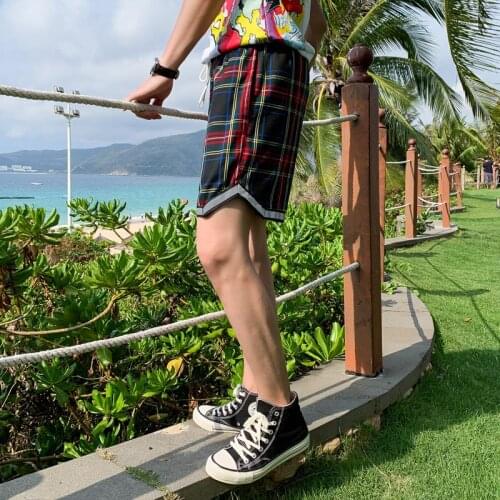 Hem Casual Shorts Reflective Strip Quarter Pants Bermuda Masculina Bermudas Masculina De Marca 2020 Summer Fashion Black Plaid