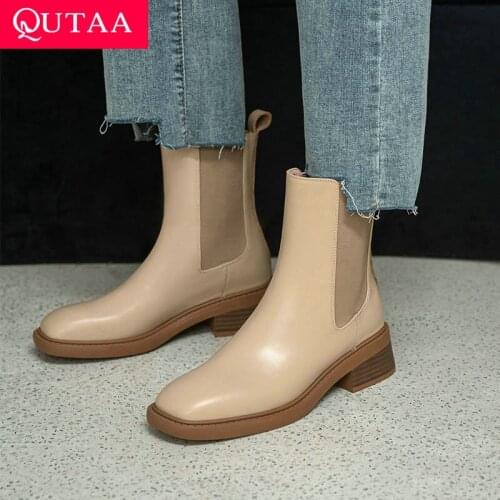 QUTAA 2022 Genuine Leather Ankle Boots Round Toe Slip On Women Shoes Platform Square Low Heel Motorcycle Boots Size 34-39
