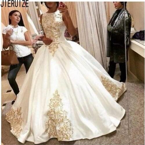 JIERUIZE Modest Satin Ball Gowns Wedding Dresses O Neck Lace Up Back Gold Lace Appliques With Sashes Bridal Gowns Robe De Mariee