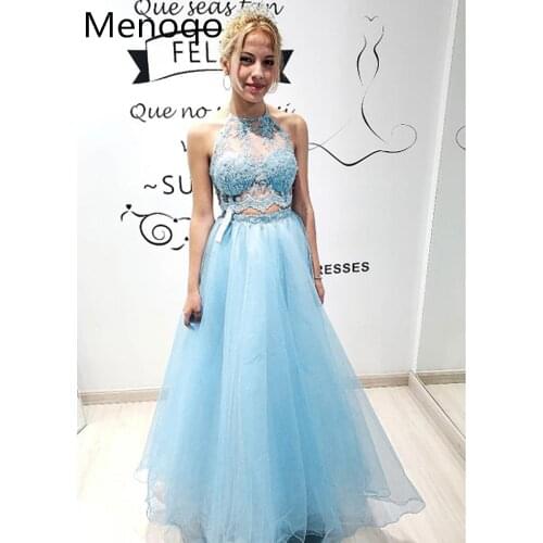 Light Blue Prom Dresses Tulle Halter Sleeveless Evening Dresses A Line Open Back Evening Gowns Graduation Long Custom Made