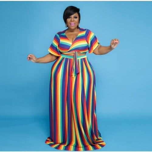 Tilapia Plus Size Fashion Striped Print Two Pieces Dress Suit Colorful Sexy V Neck Casual Vestidos for Travel