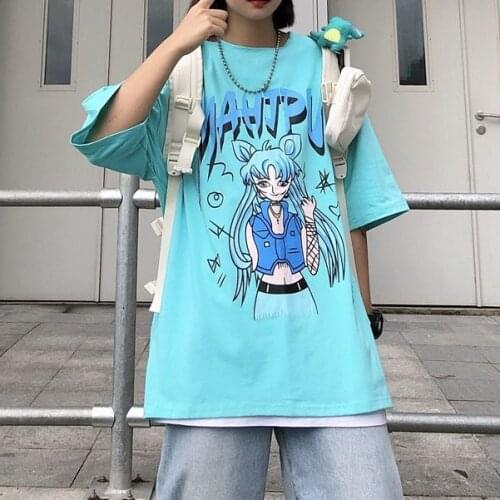 Harajuku Street Gothic T-Shirt Women Summer Clothing Loose Oversized Top Two-Dimensional Cartoon Anime T-Shirt Women