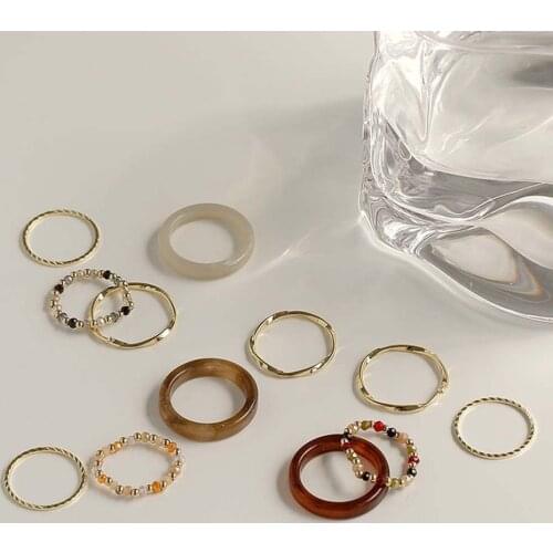 4 Pcs/Set Vintage Colorful Acrylic Resin Rings Metal Beads Personality Ring Index Finger Joint Ring Minimalist Fashion Jewelry