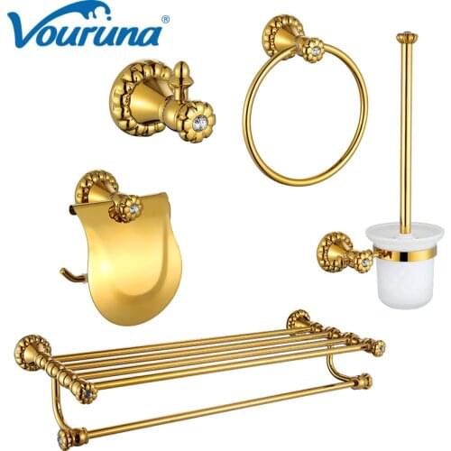 VOURUNA Luxurious Golden Bath Hardware Set Robe Hook Paper Holder Toilet Brusher Holder Towel Rings Towel Rails
