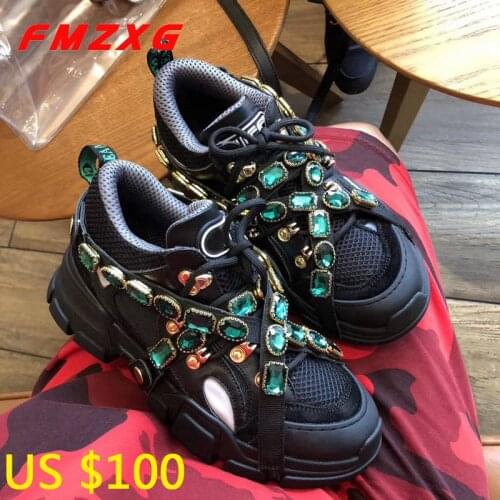 Women Fashion Rhinestone Casual Shoes Flats Platform Spring Autumn Top Quality Genuine Leather Designers Luxury Brand Shoes