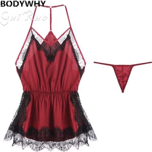 Womens Sexy Nightdress Underwear V-neck Halter Pajamas Bottom Skirt Micro Transparent Lace Temptation Sexy Langerie Underwear