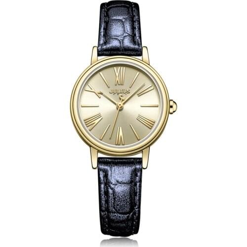 Golden Round Dial Genuine Leather Watchband Female Watch Simple Literary Style Quartz Watch