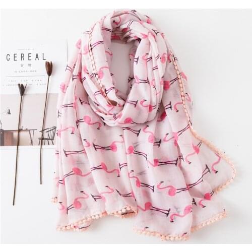 Women Kids Lovely Animal Pink Flamingos Pom Pom Viscose Shawl Scarf Print Hijabs and Wraps Autumn Winter Pashminas Foulard Stole