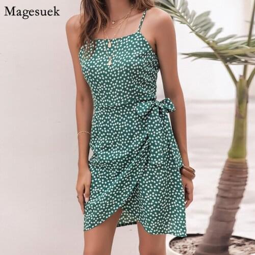 Women Backless Floral Short Green Dress Summer Printed Sexy Sling Dress Female Bandage Bow Elegant Ladies Dresses Vestido 15108