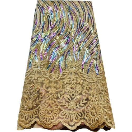 2021 African Net Lace Fabric, High Quality Elegant Nigerian Wedding Lace Fabrics 5Yards sequins French Tulle lace EL9097 gold