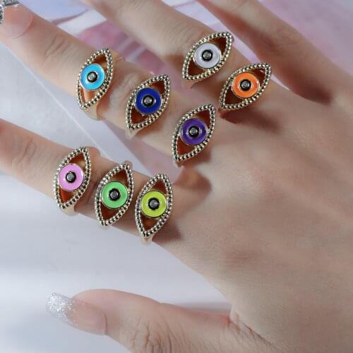 2021 Colorful Summer Neon Enamel Lucky Evil Eye Open Adjustable Finger Ring For Women Fluorescent Fashion Copper Jewelry