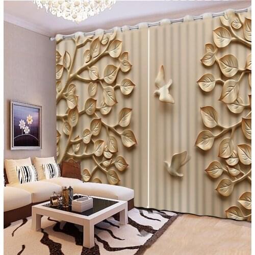 3D Curtain Fashion Customized Embossed Leaf Bird Photo Custom Size 3D Curtain Blackout Living Room Curtains For Bedroom