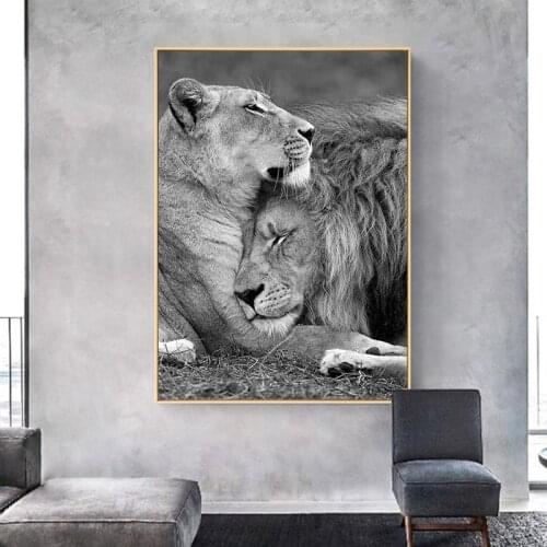 Black and White Lions Embrace Canvas Art Painting Posters and Prints Scandinavian Cuadros Wall Art Picture for Home Room Decor