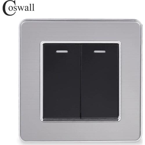 Coswall 2 Gang 1 Way Luxury Light Switch On / Off Wall Switch Interruptor Stainless Steel Panel AC 110~250V