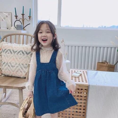 Childrens Sweet Suit Autumn Girls Lace Top + Denim Vest Skirt Two-piece Childrens Clothing