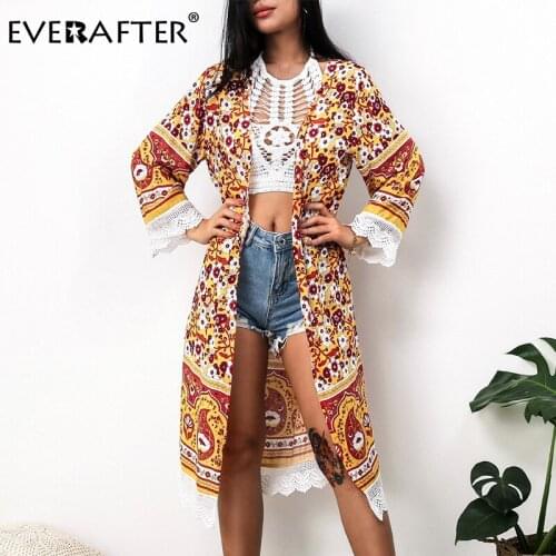 EVERAFTER Beach Cover Up Womens Floral Print Long Kimono Summer Loose Lace Shirts Vintage Casual Female Hoiday Beach Tops Tees