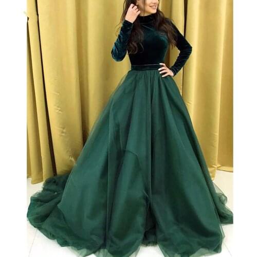 Emerald Green Velour Muslim Evening Dresses Full Sleeves Elegant A-line Long Prom Gowns Formal Party Dress 2020 Robe De Soiree