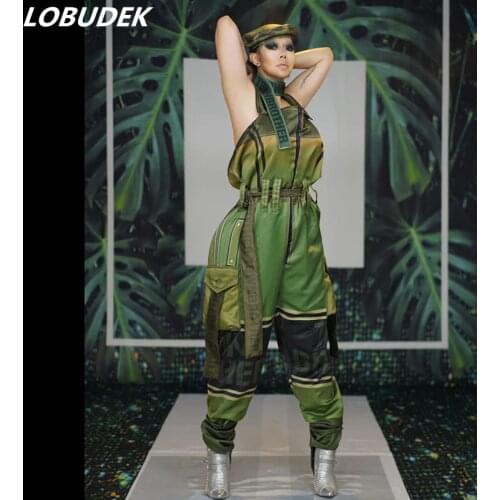 Men Women Costume Bar Nightclub Concert Stage Wear Army Green Jumpsuit Rompers Uniform Singer DJ Jazz Performance Costumes