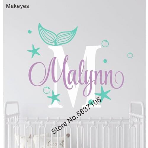 Makeyes Cute Mermaid Tail Wall Stickers Custom Baby NAmes Wall Decals Personalized Name Girls Kids Room Decoration Vinyl Q931