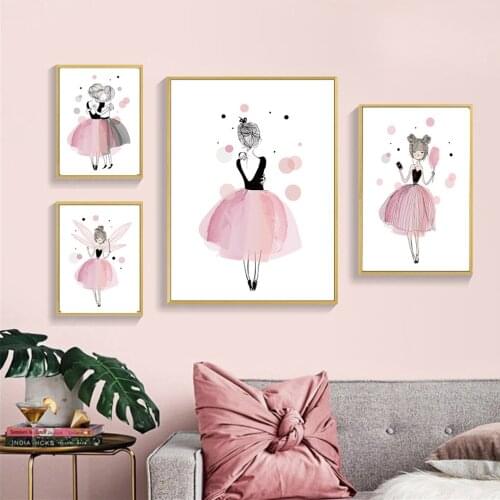 Nordic Pink Princess Wing Girl Wall Art Poster Flower Canvas Painting Ballet Art Print Baby Nursery Picture Kids Room Home Decor
