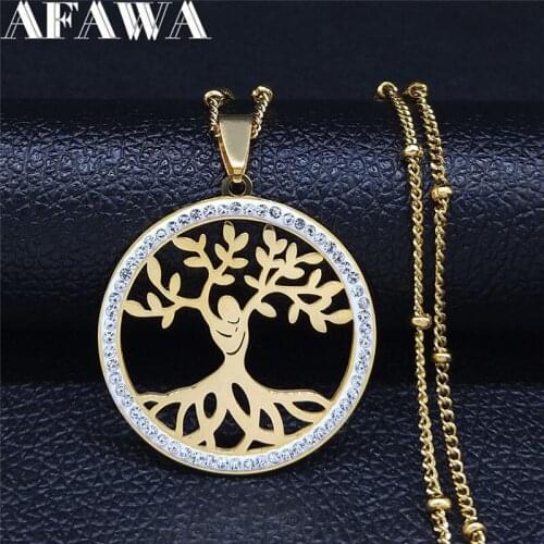 Tree of Life Stainless Steel Crystal Necklaces Women Gold Color Pendant Necklace Jewelry collar acero inoxidable NXS03