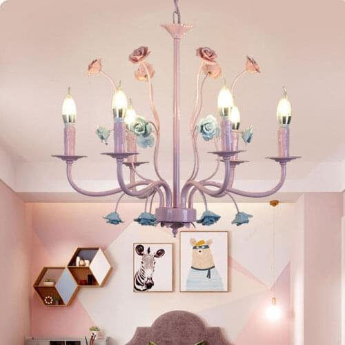 Pink Rose wedding Lighting ceramic Chinese Chandelier lamp for Children Bedroom Lamp E14 LED cadelabro Blue chandeliers kid Lamp