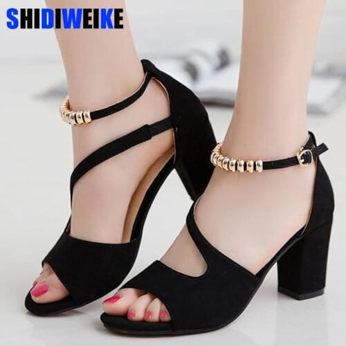 Spring summer sexy fish mouth hollow Roman sandals thick with word with beaded high heels female summer Sexy female sandals