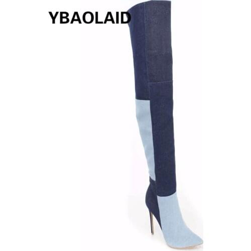 Fashion Color Matching Cow Carefully High-heeled Fashion Boots for Autumn and Winter New Pointed Side Zipper Over-the-knee Boots