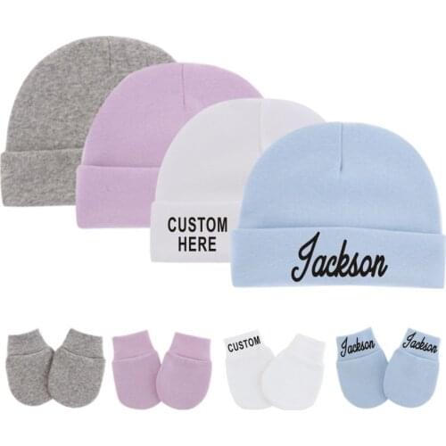 Personalised Newborn Baby Hat & Gloves for 0-3M Baby Cotton Hats Anti-Scratch Gloves Custom Name Unisex Baby Hat and Mittens Set