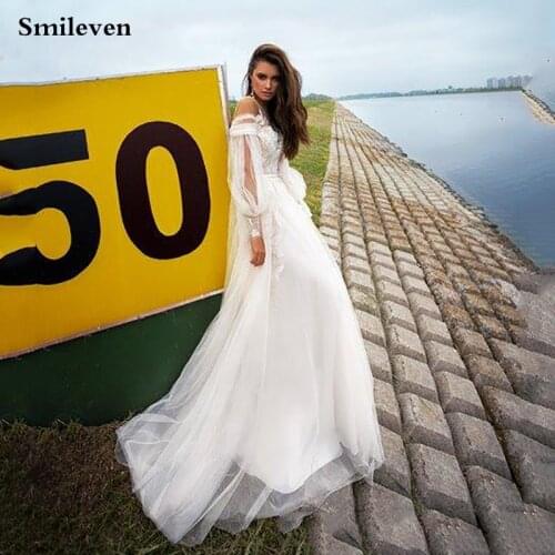 Smileven Boho A Line Wedding Dresses Puff Sleeve Beach Lace Beach Bride Dresses Robe De Mariee Appliques Wedding Gowns