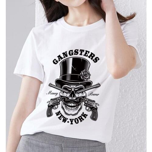 Street Womens Summer White T-shirt Casual Commuter Round Neck Short-sleeved Shirt Funny Magician Skull Print Pattern Shirt Top