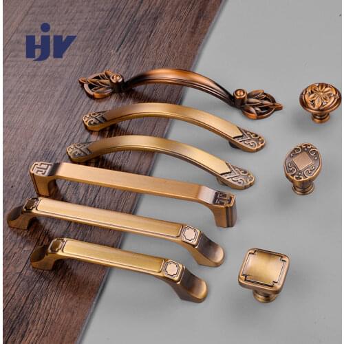 HJY Brass Vintage Cabinet Handles Furniture Handles Kitchen Antique Knobs Zinc Alloy Wordrobe Door Cupboard Hardware Pulls Z436