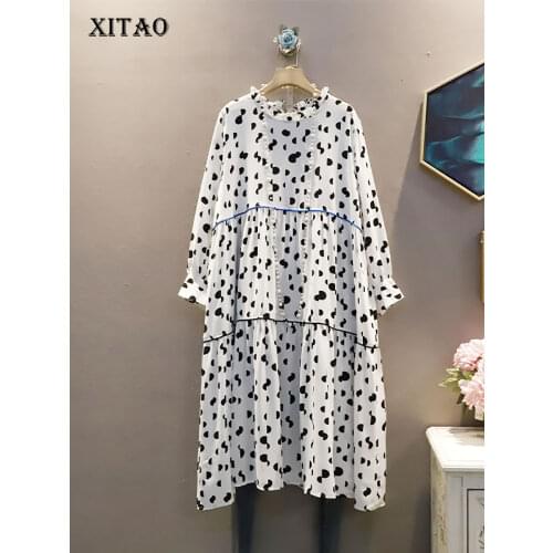 XITAO Simplicity Spot Dress New Large Size Splicing Women 2021 Autumn Fashion Casual Loose Long Sleeve O-neck Collar WMD3033