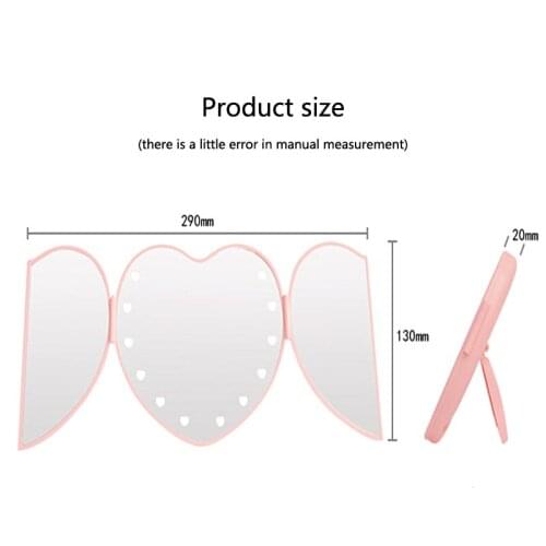 Girly Heart-Shaped LED Makeup Beauty Mirror Portable Handheld Bag Pocket Gift Makeup Mirror Makeup Fill Light Folding Mirror