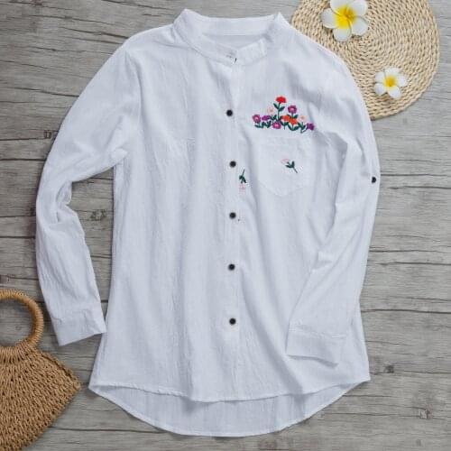 Women White Purple Floral Embroidered Blouse Buttons Long Sleeves Loose Vintage Blouse Casual Autumn Tops