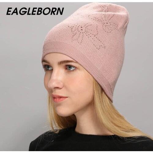 EAGLEBORN Womens Hats Wool Casual Autumn Winter Brand New Double Layer Thick 2020 Knitted Hats For Girls Bow Skullies Beanies