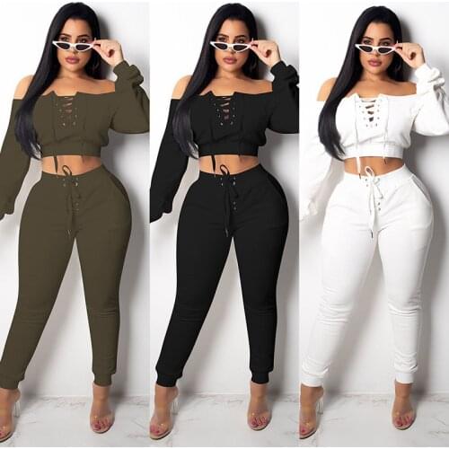 Casaul Women Two Piece Set Crop Top And Long Pants Drawstring Solid Color Sportsuit Summer Clothes For Women Outfit