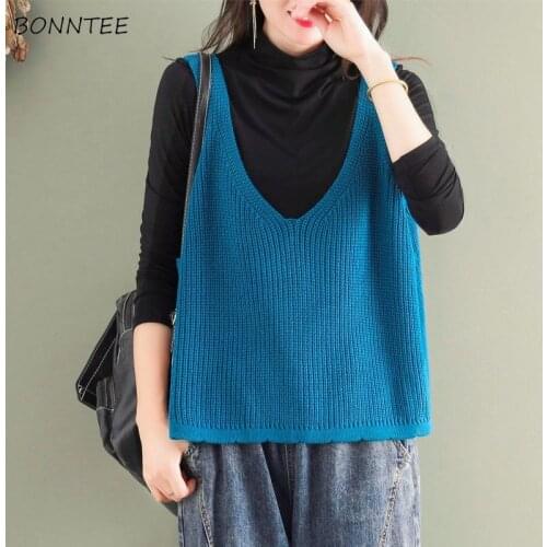 Sweater Vests Women Solid V-neck Autumn All-match Casual Plus Size S-3XL Loose Basic Vintage Japanese Style Cozy Simple Newest