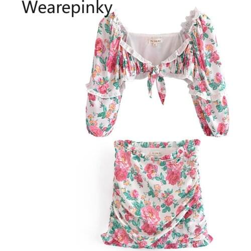 Summer Skirts suit Women Bohemian Floral Print Loose Crop Tops High Waist V-Neck Skirts Chiffon Fashion Two Piece Sets Female