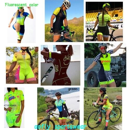 2021 Cafete Summer Short Sleeve Triathlon Cycling Suit Set Female Monkey Jumpsuit-Fluorescent Green Cycling Jersey 9D Gel Lycra