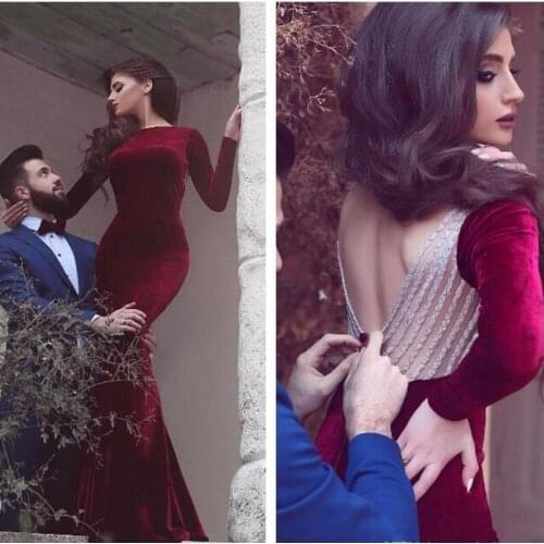 2020 New Burgundy Dubai Long Sleeves Mermaid Prom Gowns Velvet Sexy Beaded Crystals Back Arabic Evening Reception Dress