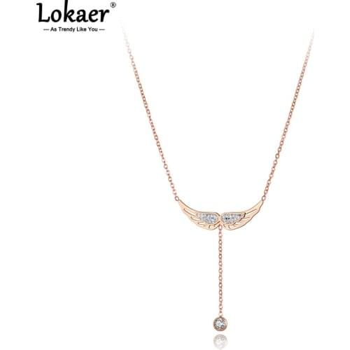 Lokaer Trendy Cubic Zirconia Angel Wings Choker Necklace Stainless Steel Rhinestone Pendant Jewelry For Women Цепь На Шею N19024