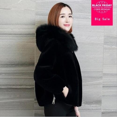 Winter womens jacket faux for fur collar mink fur hooded coat fashion design long sleeve warm Sheep shearing slim outwear L1519