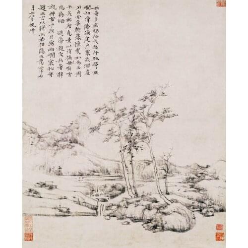 Top 100 traditional Chinese painting masterpiece scenery prints landscape poster home decor river and trees in winter by Ni Zan