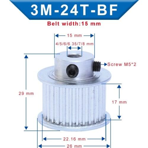 3M-24T Pulley BF shape Inner Bore 4/5/6/6.35/7/8 mm Aluminum pulley wheel Slot Width 17 mm For 3M-Rubber Timing Belt Width 15 mm