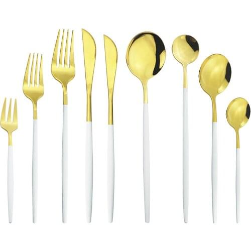 9Pcs Stainless Steel Dinnerware White Gold Cutlery Set Dessert Knife Cake Fruit Fork Coffee Tea Long Handle Spoon Tableware Set