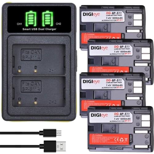 4pcs 1800mAh BP-511 BP 511 BP511 BP511A Battery + LCD USB Dual Charger for Canon EOS 40D 300D 5D 20D 30D 50D BP 511