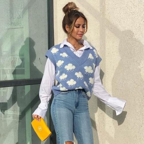 Ardm Fashion Clouds Jacquard Loose Knitted Woman Sweater Vest Vintage V Neck Sleeveless Casual Pullover Female Waistcoat Tops